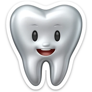 human tooth emoji, smooth chrome ceramic-metal texture, clean medical luxury aesthetic, isolated on white sticker