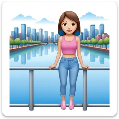 smiling emoji-style woman with straight brown hair, wearing a pink crop top and light blue jeans, leaning casually on a railing with a city and water background, under a blue sky sticker