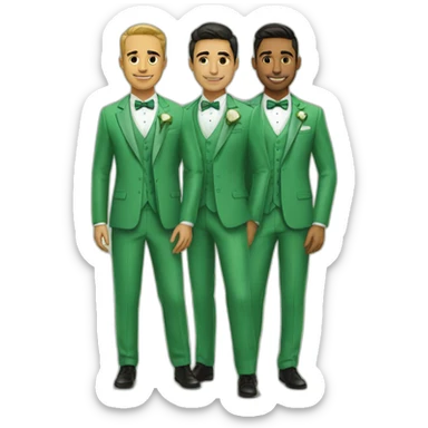 set of grooms in green suits light olive skinned latino the other groom white sticker