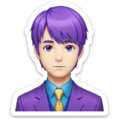 white man, purple hair with bangs and blue highlights, kinda tall, wearing a purple carnival outfit (smth like a suit), and looks like an anime character. sticker