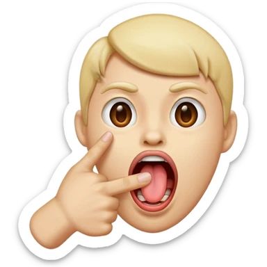 A finger pointing at an open mouth with the tongue out to indicate hungry sticker