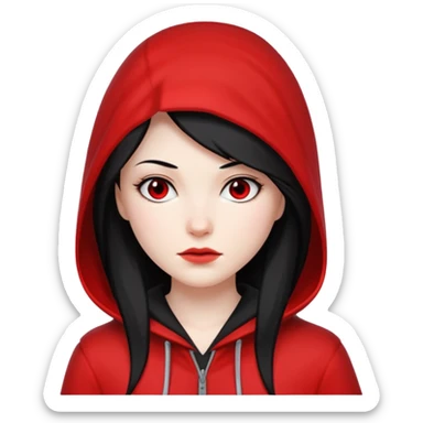 white girl, straight black hair with a white streak, red hood sticker