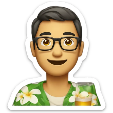 Japanese wearing glasses alohashirt is holding beer sticker