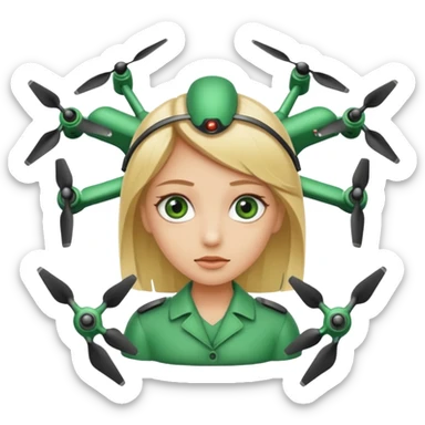 Arqueóloga rubia con ojos verdes, con un cinta métrica, lápiz, rasquetas y dron sticker