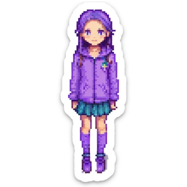 Change the girl's clothes to purple, keep the pixel art style, with no background. sticker