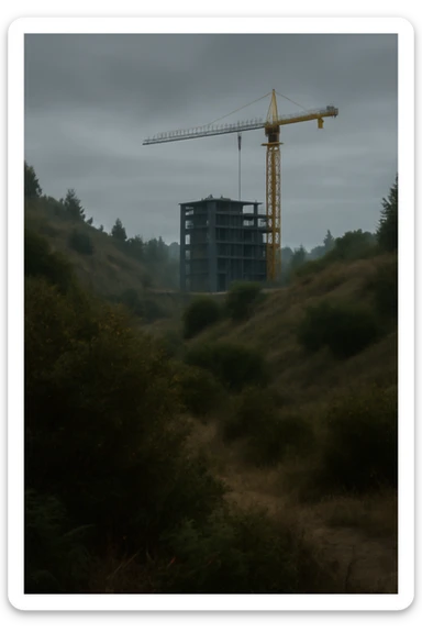  a scene amongst hills and bushes in the game DAYZ with a construction site and tall yellow crane in the background, screenshot, overcast day sticker