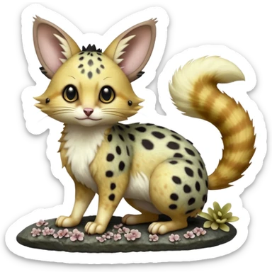 Hyper realistic  lichen-grey fur peppered with glowing fungus dots and damp stone tones beautiful elegant pretty precious cute  Fakémon-Pokémon-opossum-feline-serval-caracal-chinchilla-Furret-Minccino-hybrid-creature with a big fluffy bushy tail (full body) sticker