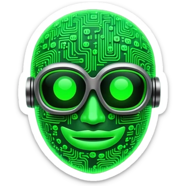 Cyberpunk emoji formed from cascading green Matrix symbols, neon glow, dark futuristic background, smooth rounded design, 3D style, high contrast, cinematic lighting. sticker