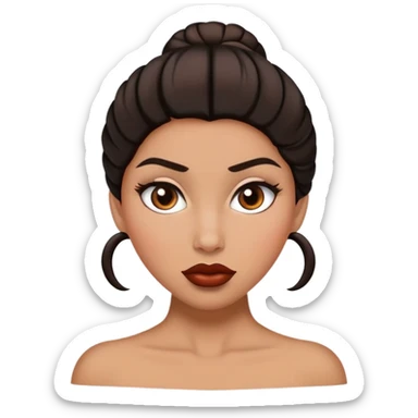 Une femme noir avec un chignon haut et les cheveux sont bruns avec un œil marron et un œil marron très très claire et une grosse bouche sticker