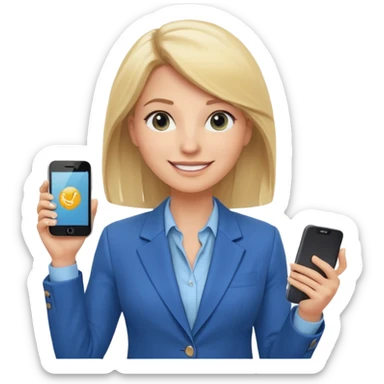 Confident and outgoing female entrepreneur, Caucasian features, shoulder-length blonde hair, big friendly smile, expressive eyes, wearing a blue blazer over a light blue blouse, holding a smartphone in one hand, waist-up, front-facing sticker
