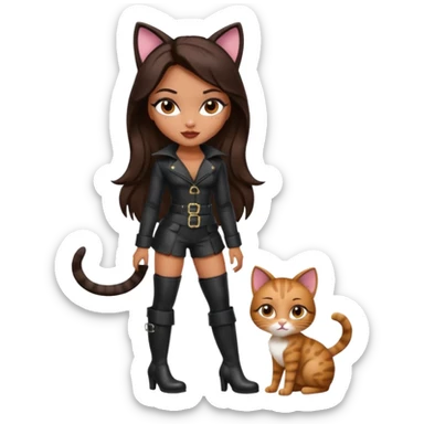 A sexy, super pretty bratz girl with caramel skin. Dark brown hair and brown eyes. She has freckles. Wearing sexy makeup. Dressed as a sexy cat with tall black boots on sticker
