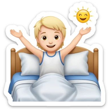 a child happily getting out of bed in the morning, bright and friendly sticker