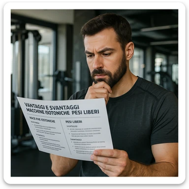 Realistic detailed scene of an adult man in a modern gym holding an informative brochure with Italian text about advantages and disadvantages of isotonic machines and free weights, reflective expression, 4K quality. sticker