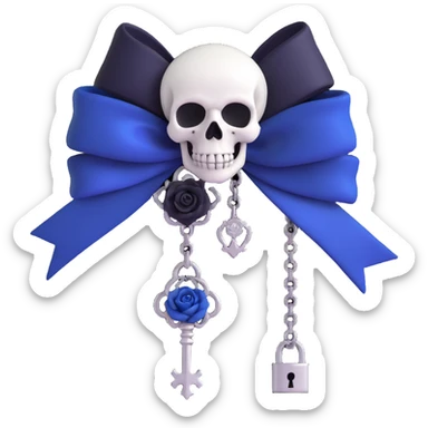 gothic bow with midnight blue velvet, silver skull charm, black rose center, and small chained lock accessory, elegant and gothic sticker