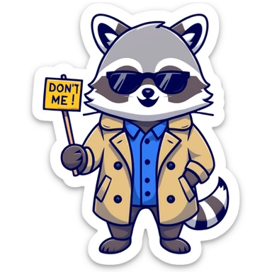 Raccoon in a trench coat and sunglasses holding sign saying “Don’t mind me, I’m here for the recs” sticker