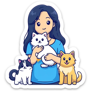 Woman with long black hair holding a blue and white long-haired cat and a golden retriever dog sticker