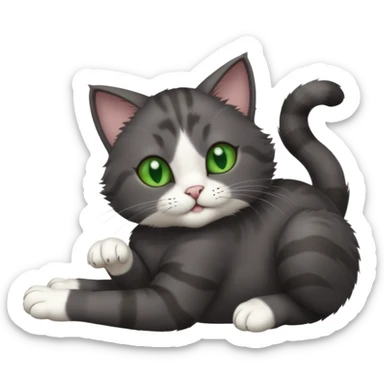 solid dark grey cat with green eyes, white toes/paws and white patch on her chest playfully rolling upside down sticker