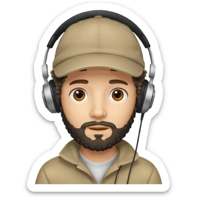 curly haired with headphones in and beard boy with cap sticker