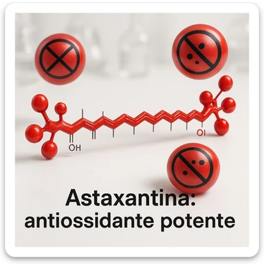 hyper realistic red astaxanthin molecule neutralizing free radicals, blocking radical symbols, scientific atmosphere, white background, text 'Astaxantina: antiossidante potente' sticker