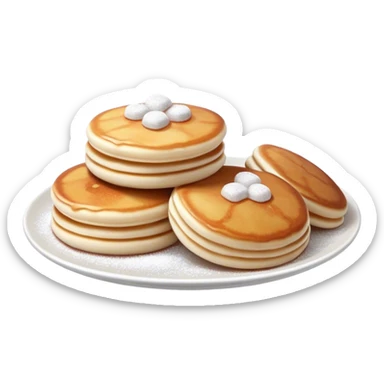 Cinematic Realistic Poffertjes Dessert Emoji, depicted as small, fluffy mini pancakes dusted with powdered sugar rendered with lifelike texture and warm, inviting lighting. sticker