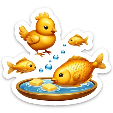 Golden chicken, butter, and fish floating with a warm glow representing their vitamin A content. The foods emit a pleasant amber light symbolizing their nutritional value for skin health and immunity. sticker