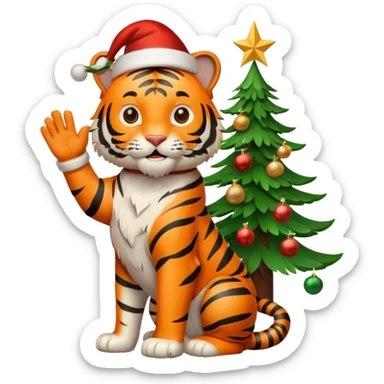 Happy tiger waving by a Christmas tree wearing a Santa hat sticker
