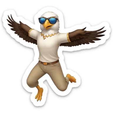 friendly anthropomorphised male eagle in a shirt and pants with sunglasses leaping energetic pose sticker