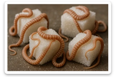 ZOLLETTE DI ZUCCHERO CON PARASSITI TIPO LA TENIA ARROTOLATE INTORNO AD OGNI ZOLLETTA, IPERREALISTICO 4K sticker