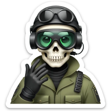 A soldier with a skull face with skull gloves with a night vision goggles sticker
