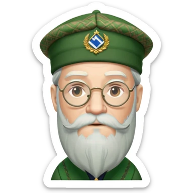 Dumbledore wear green scotland Tam o'shanter cap with decorative patterns, wear glasses, very long beard sticker