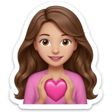 girl with long wavy brown hair, brown eyes, light to medium complexion, in a pink shirt, pink lips, long lashes, smiling, squeezing a big heart sticker