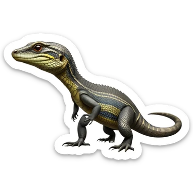 cinematic-monitor-lizard-realistic-full-body-standing on all fours-emoji,-long-powerful-tail-dragging-slightly-behind,-sleek-scaled-body-textured-with-rich-patterns and stripes,-head-tilted-dramatically,-dark-intense-eyes-observing-its-surroundings,-simplified-yet-realistic-focused-features,-highly-detailed,-glowing-with-an-almost-sarcastic-glow sticker