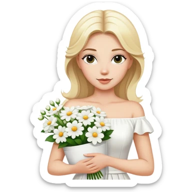 blonde woman in a white off-shoulder dress with a bouquet of white flowers in a white bag in her right hand sticker