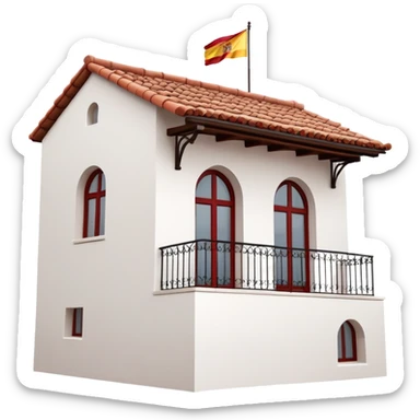 White stucco Spanish villa with red clay tile roof, arched windows, with Spanish flag (red-yellow-red horizontal stripes) hanging from the balcony sticker