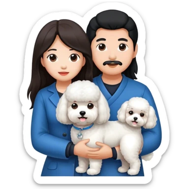 Asian man and long-haired woman with a bichon sticker