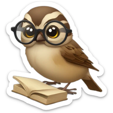 Sparrow reading a book, wearing round transparent glasses sticker