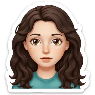 A white girl with long dark brown wave hair and patches under her eyes sticker