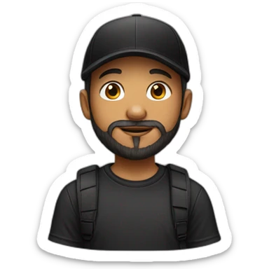 Boy with beard, cap and black t-shirt and a mouse sticker