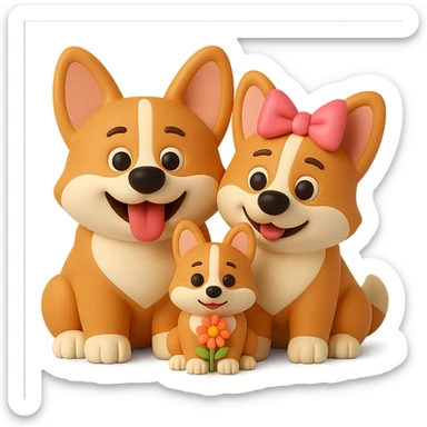 Make the corgi family look like the provided 3D emoji style corgi, with a transparent background. The style should mimic the microsoft style 3d fluent emojis, capturing the 3D emoji look and feel. sticker