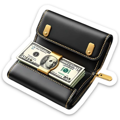 Rich emoji style black leather wallet with dollar bills, luxury money vibe, premium 3D emoji, ultra clean, high detail, no background sticker