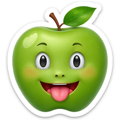 create a happy green apple with a face showing the tongue on IOS style sticker