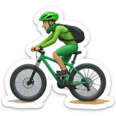 mountain biker, with a green bicycle, with a scarf, hat and dark clothing, traveling at high speed sticker