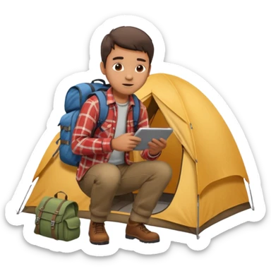 A man wearing a flannel shirt and backpack, setting up a tent with focused hands sticker