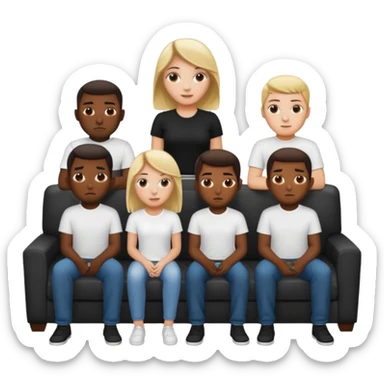 A white girl sitting alone on a couch with 5 black men in white shirts behind the couch sticker