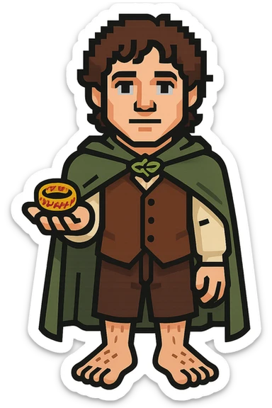 Whole body image of Frodo Baggins from the lord of the rings movie in pixel art style. Make Frodo look like the actor that portrayed him in the movie, Elijah Wood. Frodo is wearing the same green elven cloak with the leaf buckle, brown vest, cream undershirt, dark brown leather short pants, and hairy hobbit feet. He is holding the one ring in the palm of his outstretched hand. the ring is golden yellow with red elven inscription. sticker