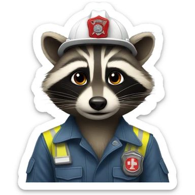 Raccoon as firefighter with a mullet sticker