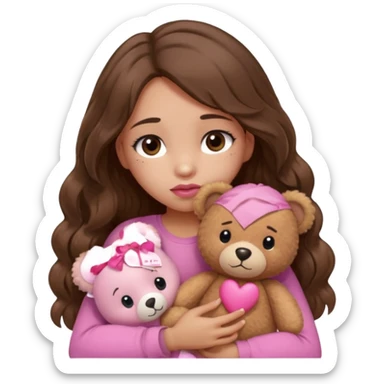 girl with long wavy brown hair, brown eyes, light to medium complexion, in a pink shirt, pink lips, long lashes, sad, hugging squeezing a teddy bear with bandaid hearts sticker
