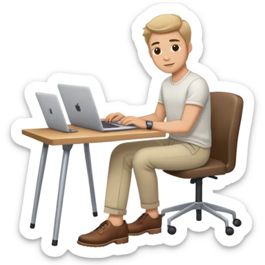 white Guy wearing trousers and shoes, sitting at desk working on a laptop  sticker