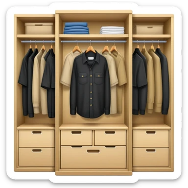 Cartoon wardrobe slightly open showing black shirts, khaki pants, overall, and work clothes neatly organized inside sticker