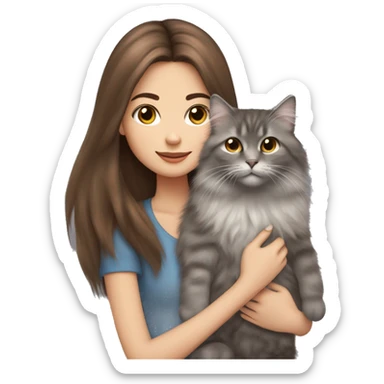  Chestnut brown straight hair girl holding fluffy Siberian gray cat  sticker